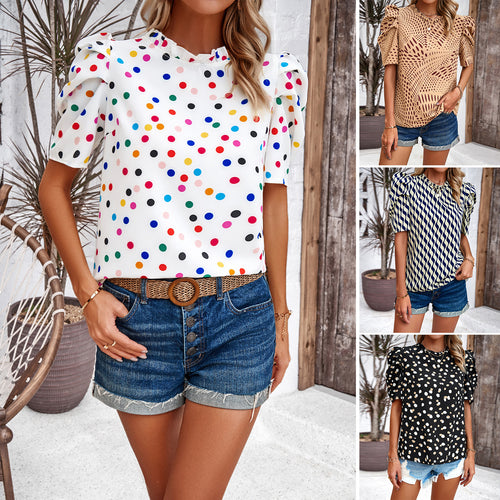 Blouse shirt for women with puffed sleeves and a colorful polka dot pattern Lune London