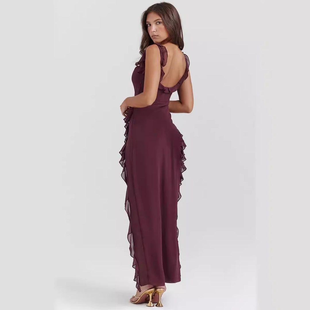 Elegant asymmetrical dress for women with ruffle details and floral pattern Chic & Stil