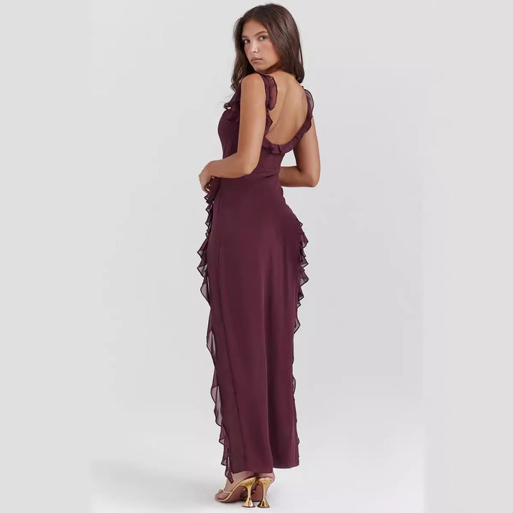 Elegant asymmetrical dress for women with ruffle details and floral pattern Chic & Stil