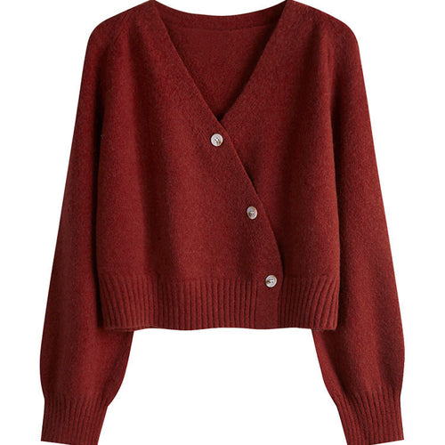 Ladies cozy short knit sweater with deep V-neck and large buttons Lune London