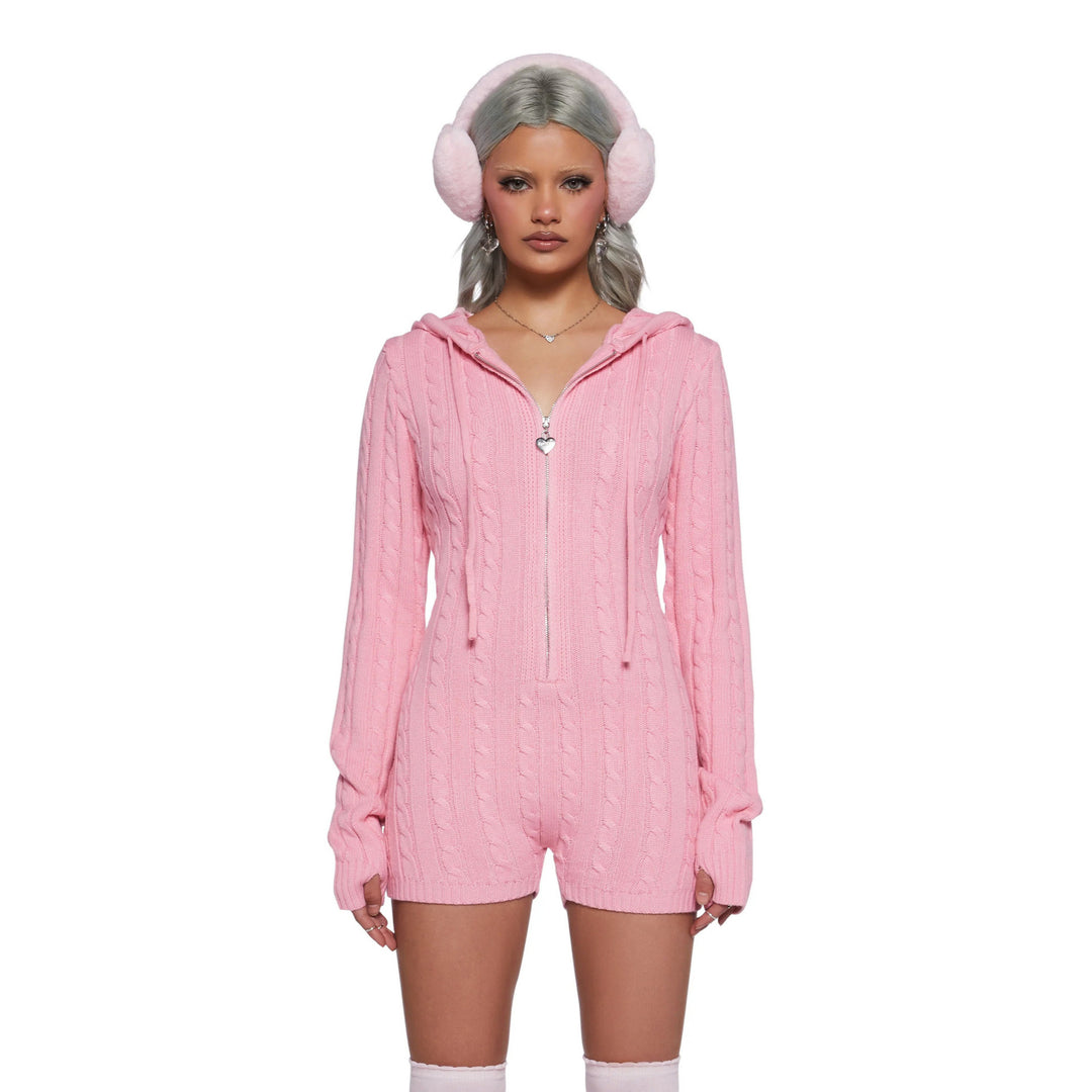 Knit jumpsuit for women with hood and zipper Lune London