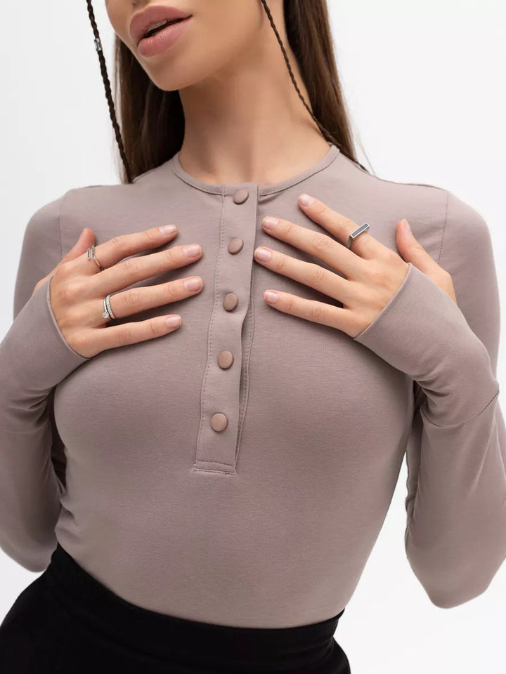 Women Long Sleeve Top with Button Placket and Fitted Cut Lune London