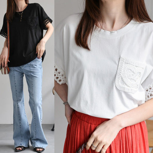 Lune London women's t-shirt with crochet lace and pockets