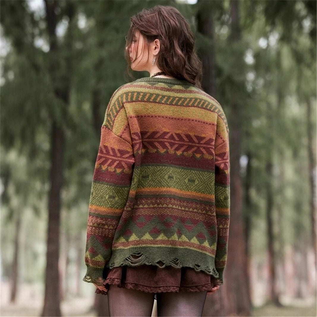 Bohème patterned women's sweater with fringed hem Lune London