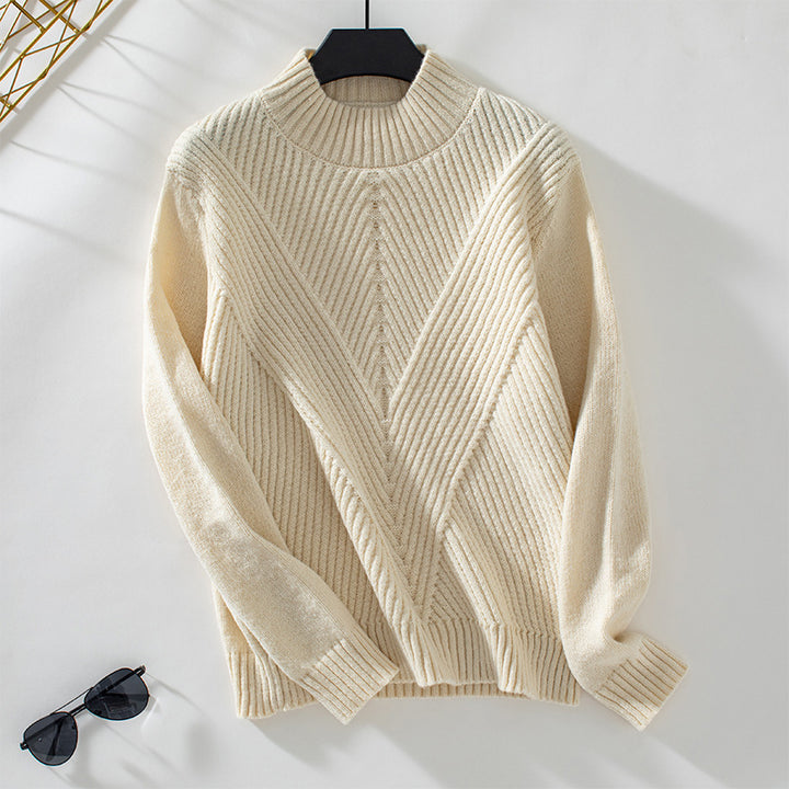 Fashionable knitted sweater for women with high collar and V design Lune London