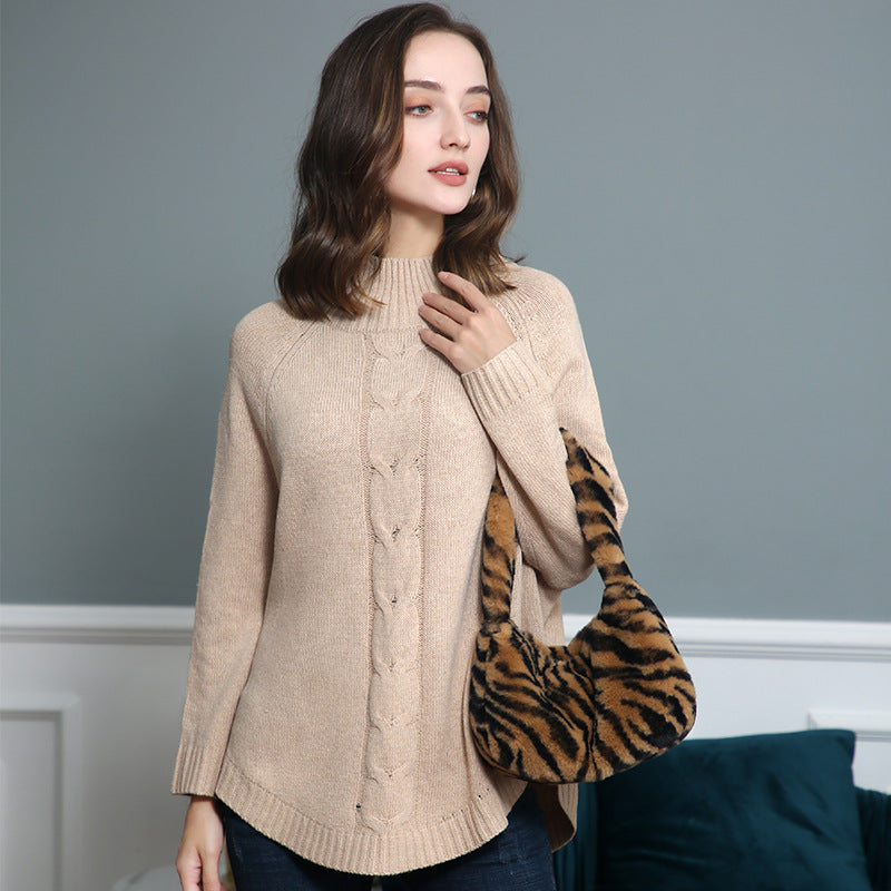Chunky knit sweater for women with a high collar and cable patterns Lune London