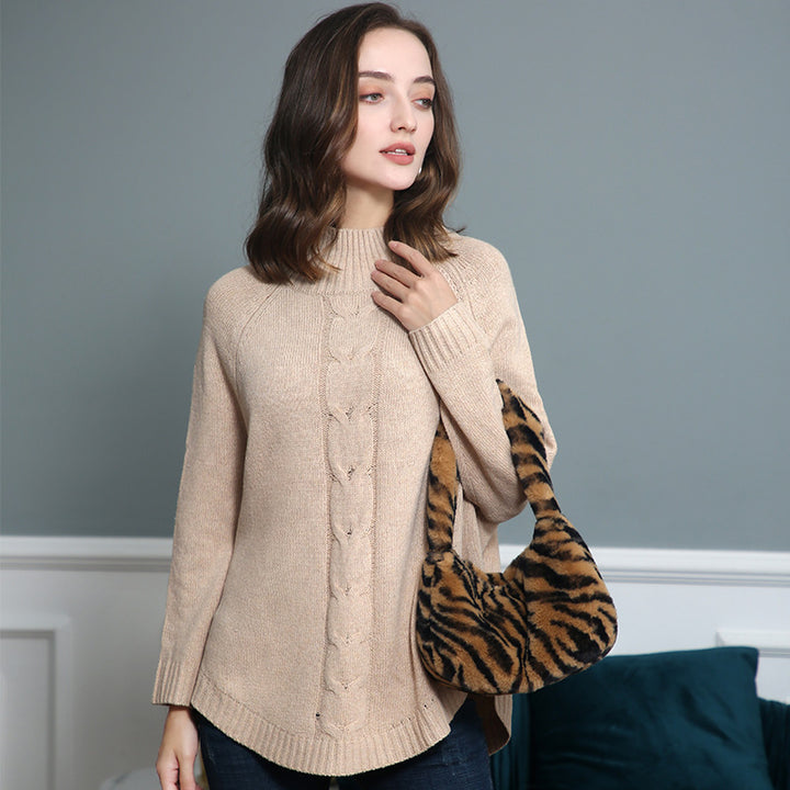 Chunky knit sweater for women with a high collar and cable patterns Lune London