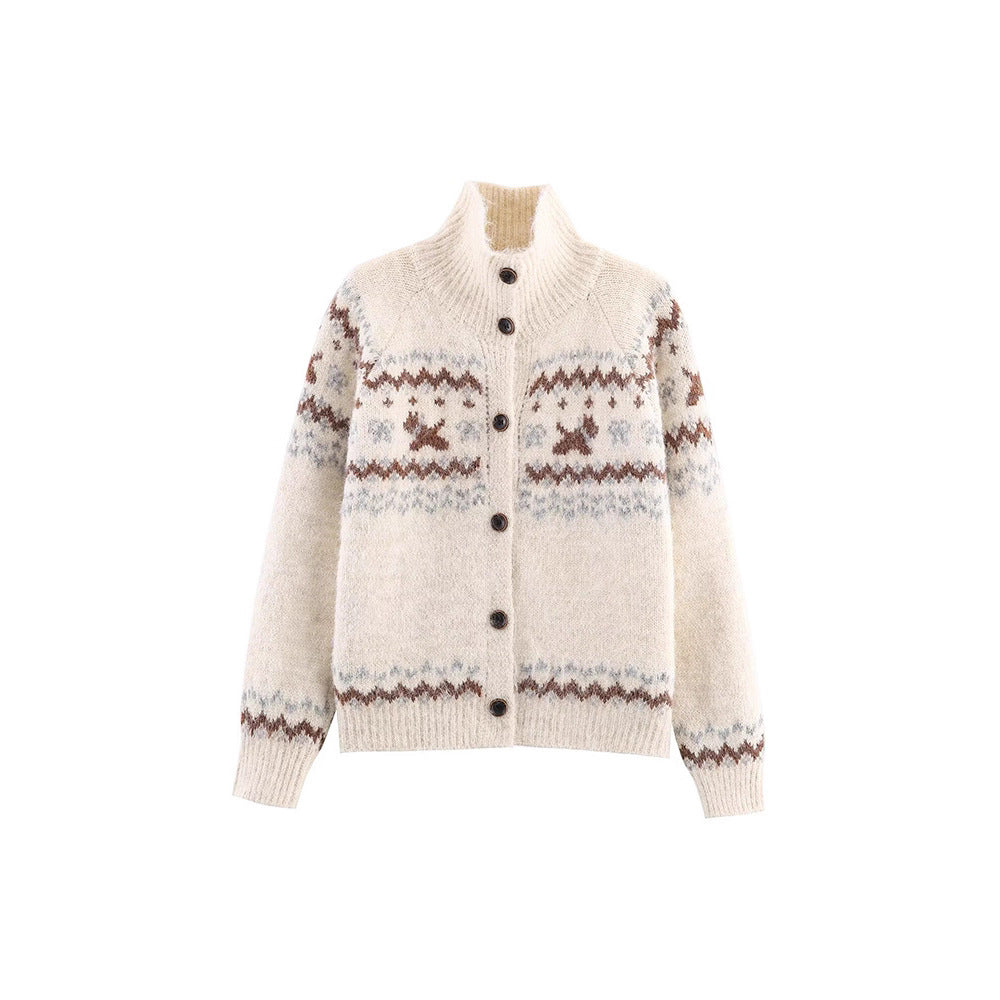 Women's cardigan with high collar and traditional Norwegian design Lune London