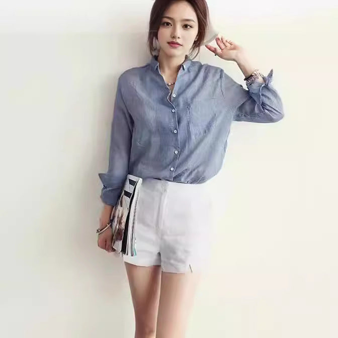 Lune London tailored lightweight button-up shirt and shorts set for women