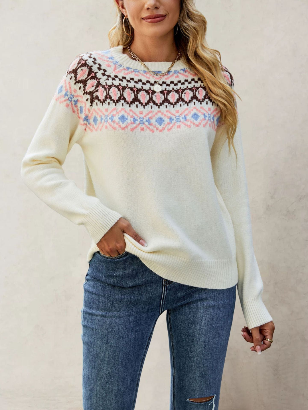 Women’s Nordic Pattern Sweater with Round Neck and Casual Fit Lune London