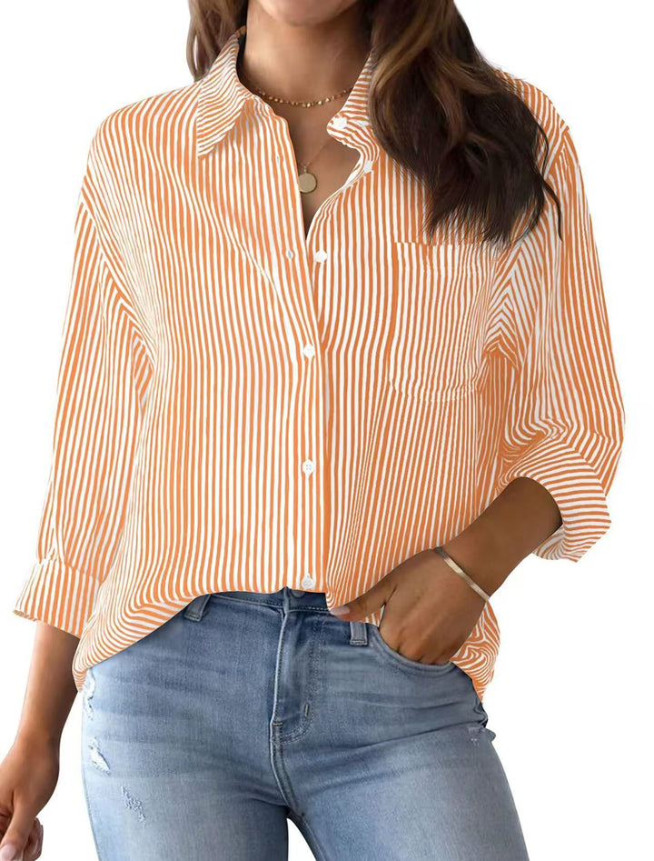 Ladies Loose Striped Shirt with Chest Pocket and Roll-up Sleeves Lune London