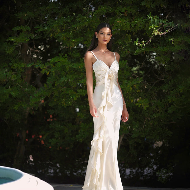 Elegant satin evening dress with ruffles for ladies Lune London