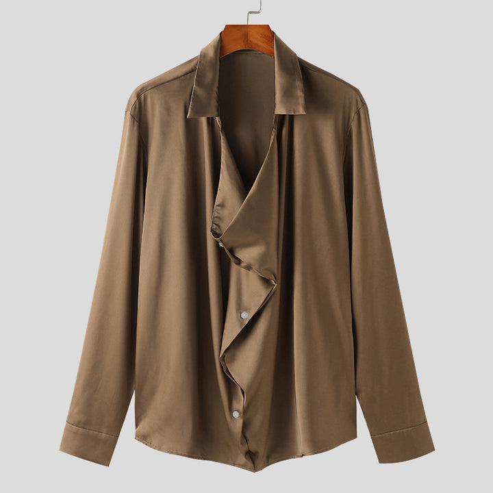 Men's elegant long sleeve shirt with draped button placket and silky finish Lune London