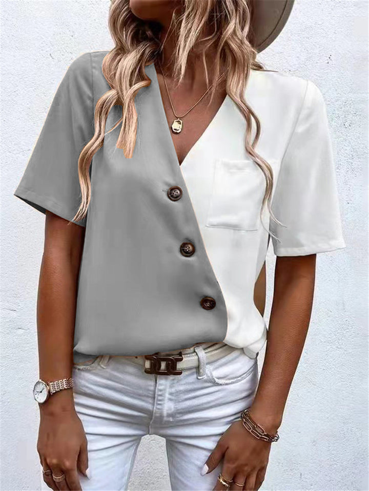 Short-sleeve women's blouse with asymmetrical cut and button details Lune London