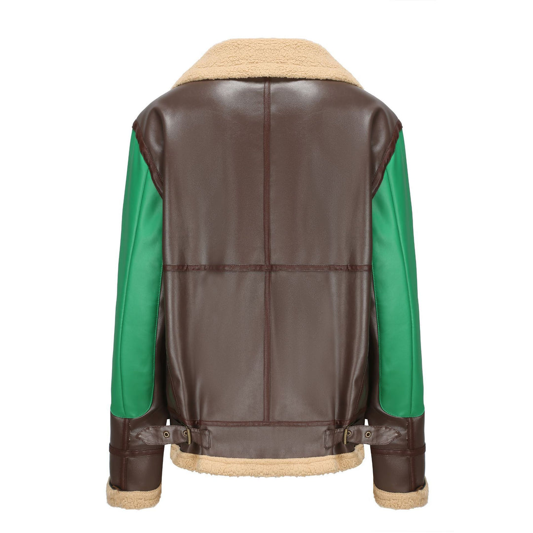 Trendy faux leather jacket for women with fur collar and contrasting details Lune London