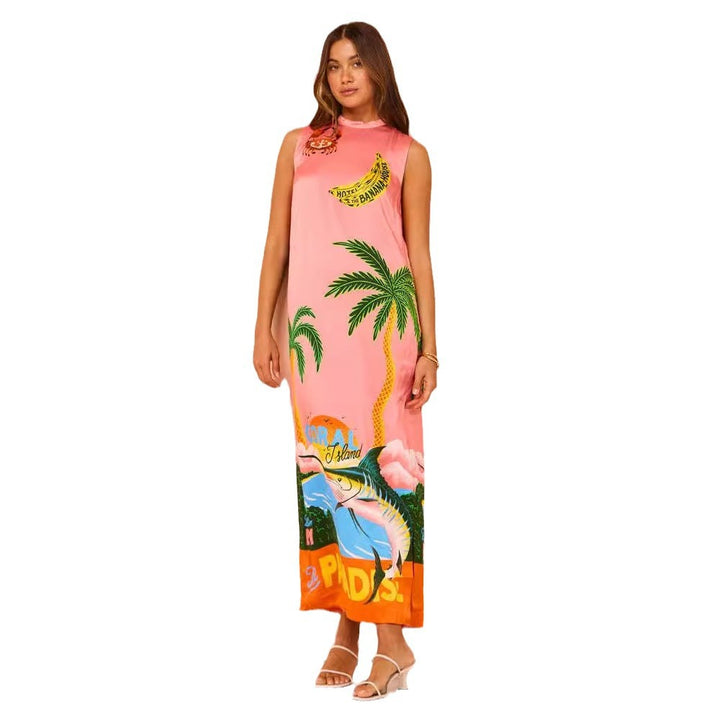 Maxi dress for women with colorful tropical pattern and high collar design Chic & Stil