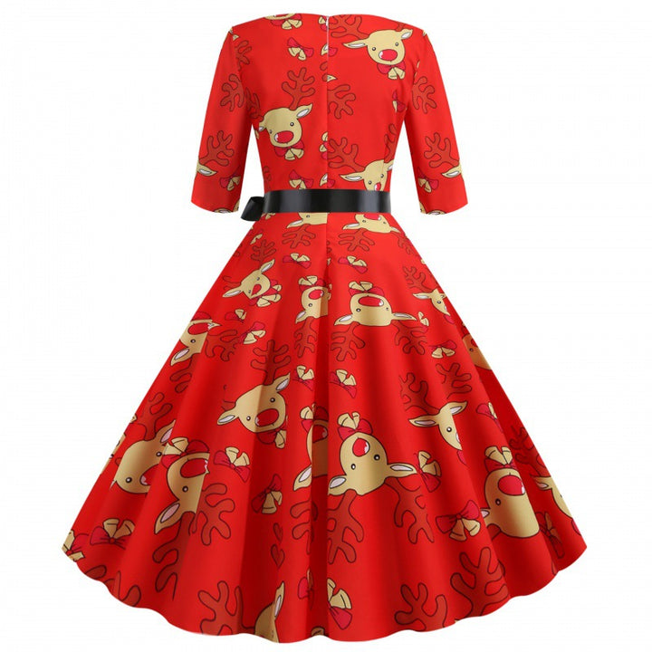 Robe évasée pour femmes avec un motif de renne joyeux et une silhouette ajustée Chic & Stil