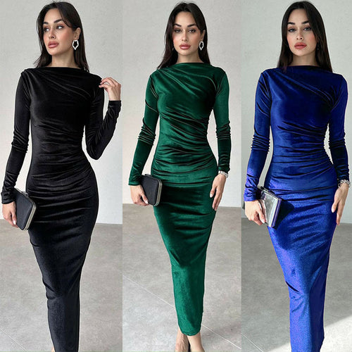 Ladies Elegant Long Sleeve Ruched Maxi Dress Lune London