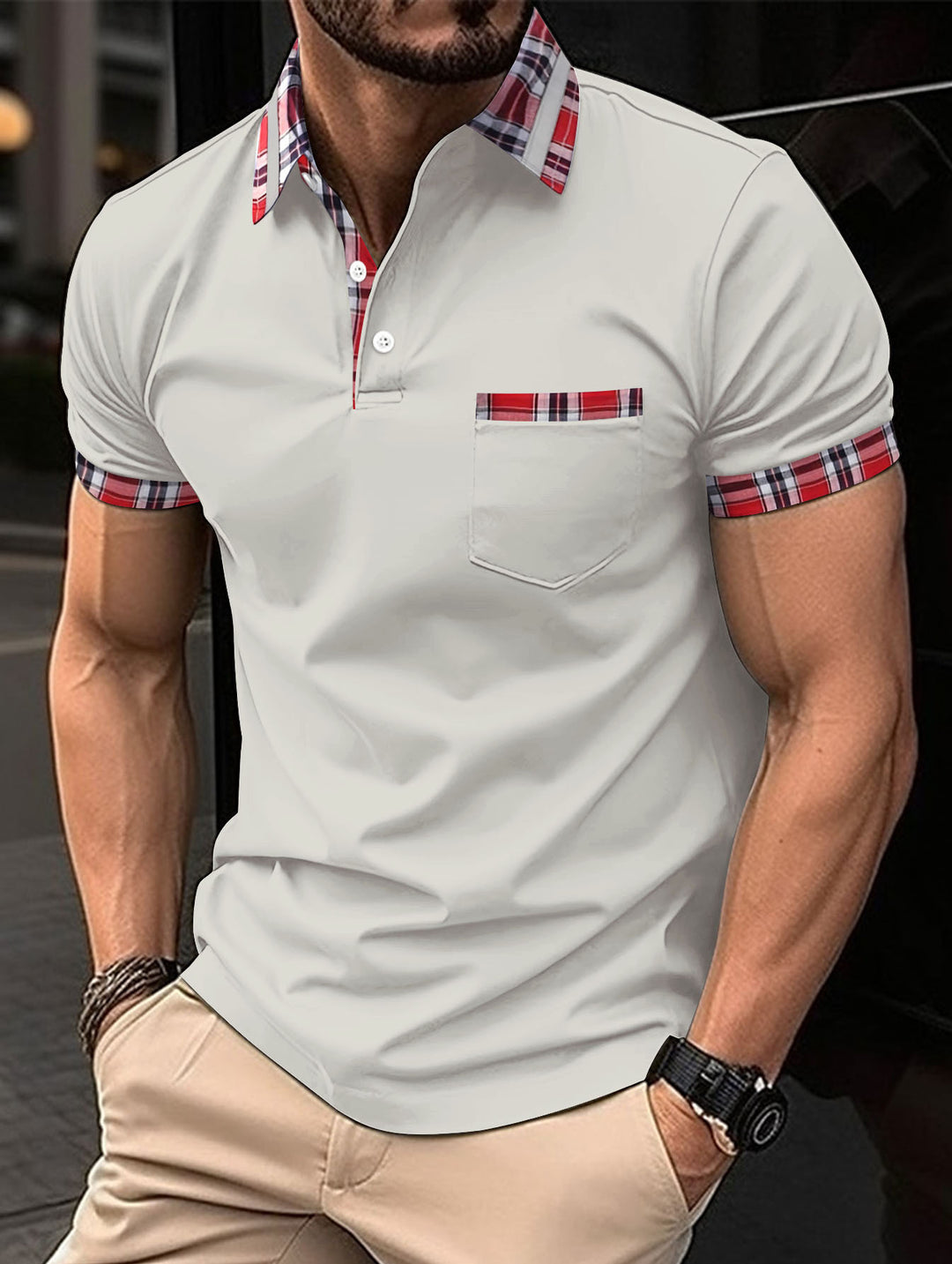 Men's Casual Short Sleeve Polo with Distinctive Checkered Details Lune London