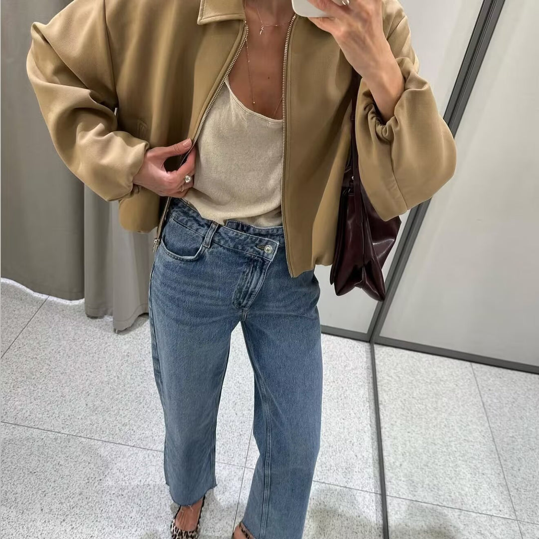 Fashion transitional jacket for women with a high collar and voluminous sleeves Lune London