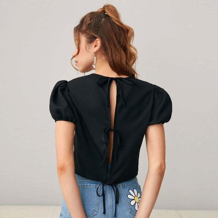 Women's Short Top with Puff Sleeves and Soft Round Neck Chic & Stylish