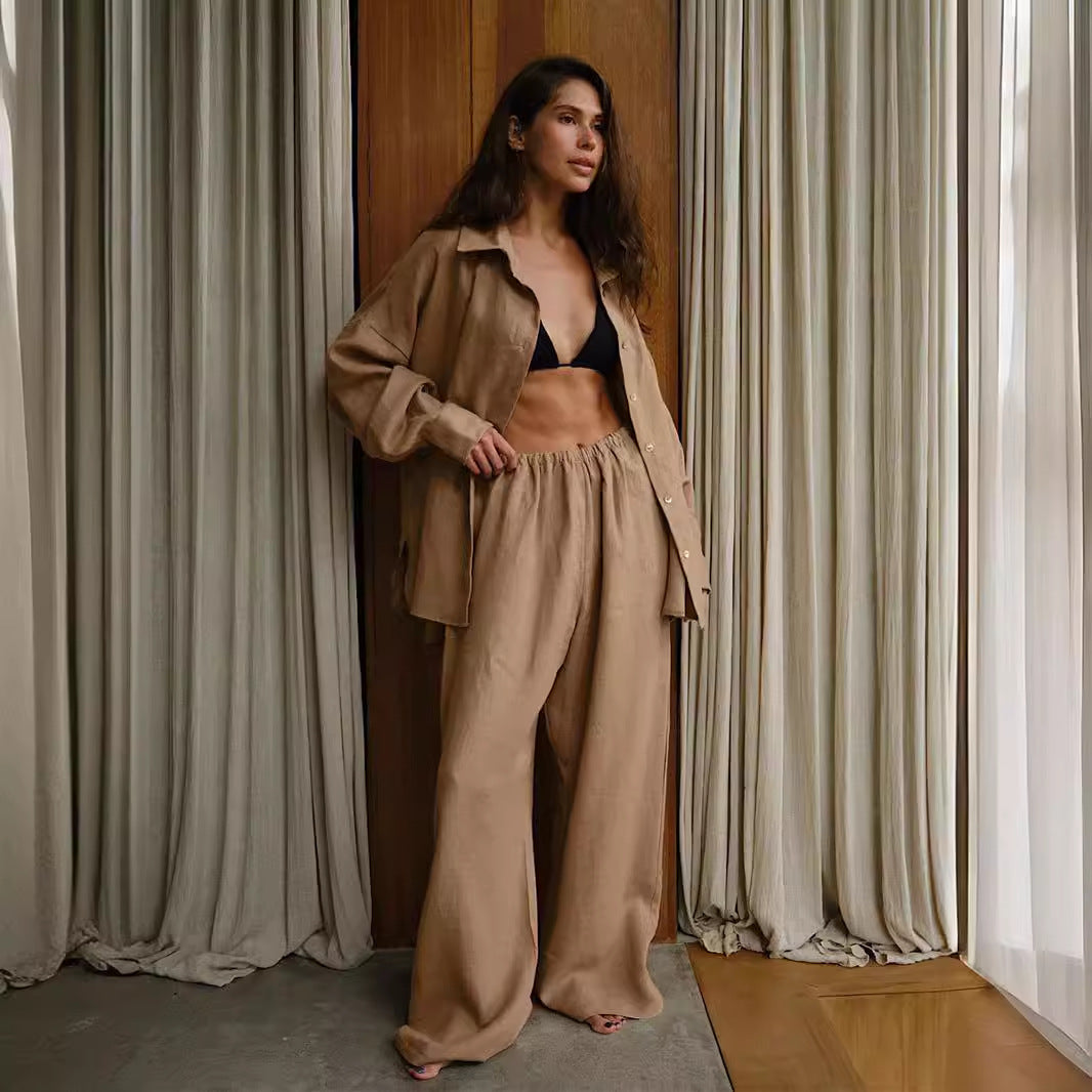 Comfortable linen loungewear set for women with wide sleeves and flowy pants Lune London