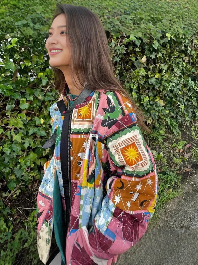 Ladies quilted jacket design with colorful patterns Lune London