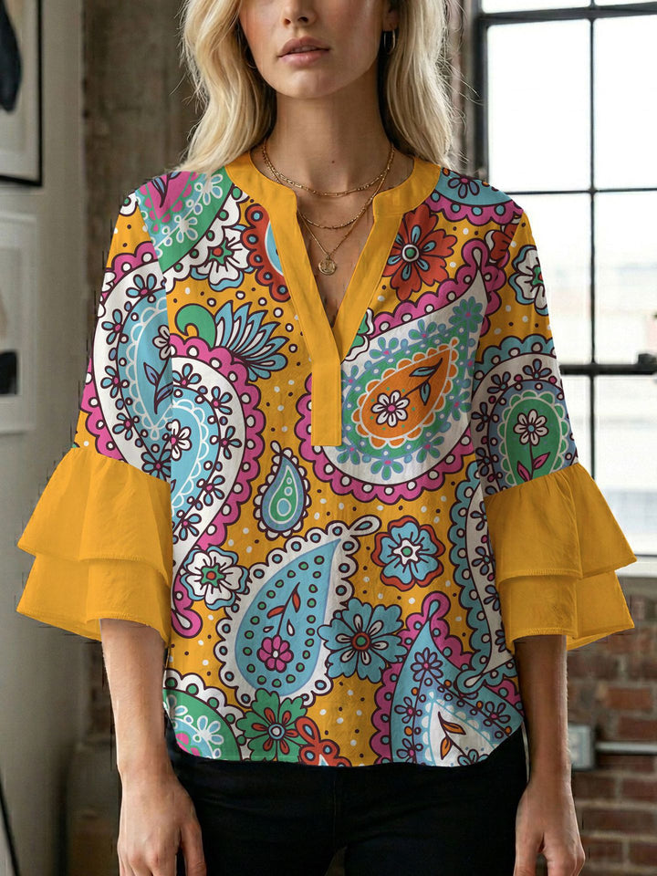 Women's blouse with voluminous wing sleeves and intense leaf pattern Lune London