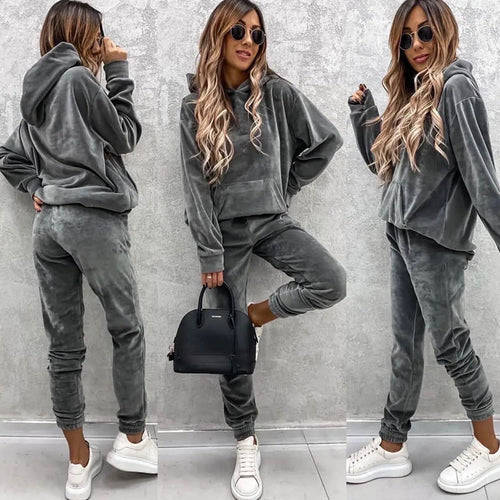 Lune London women's sport velvet loungewear set with hood and elastic waist