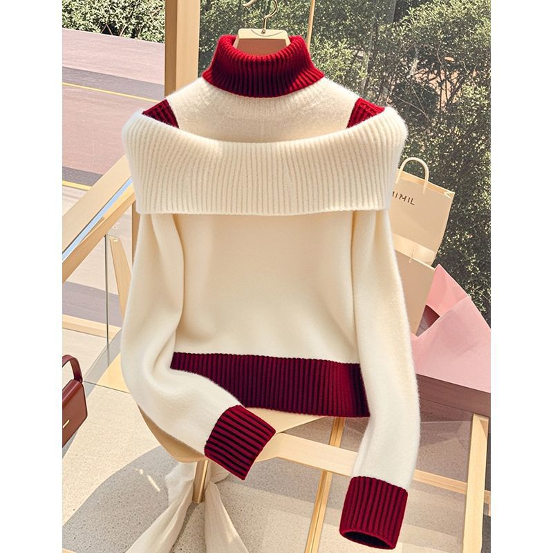 Pull pour dames avec col montant large et contraste de couleur décoratif Chic & Stil