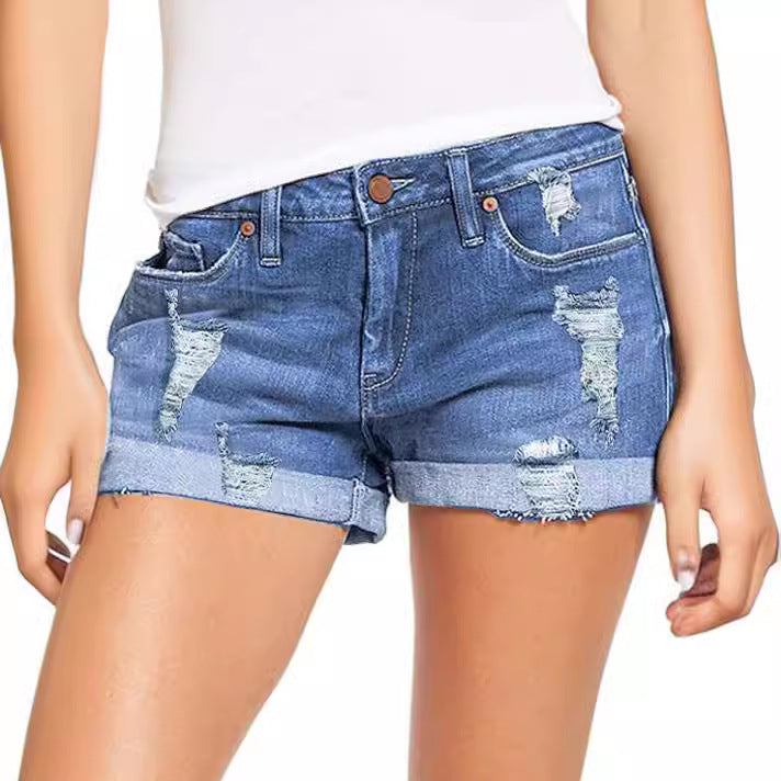 Women Destroyed Denim Shorts in Casual Leisure Style Lune London