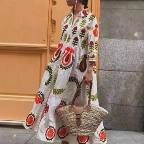 Maxi dress inspired by ethnic style for women with geometric embroidered pattern Lune London