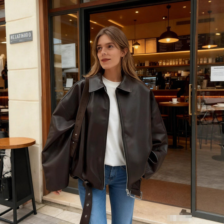 Faux leather jacket for women with high collar and practical pockets Lune London
