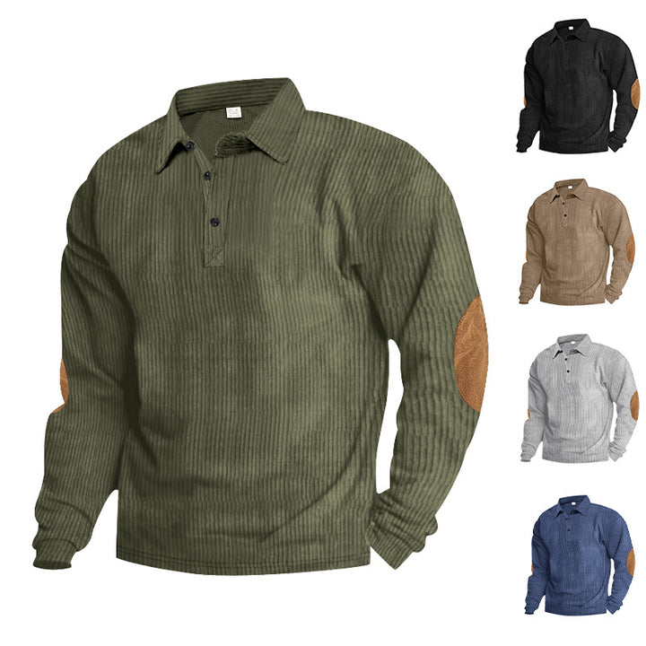 Casual long sleeve Henley T-shirt for men in textured ribbed fabric with contrasting elbow patches Lune London