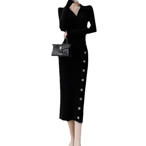 Knit dress for women with asymmetrical collar and decorative buttons Lune London