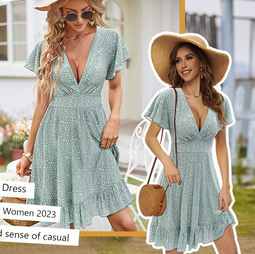 Robe femme à col V avec jupe fluide et détails volantés Chic & Stil