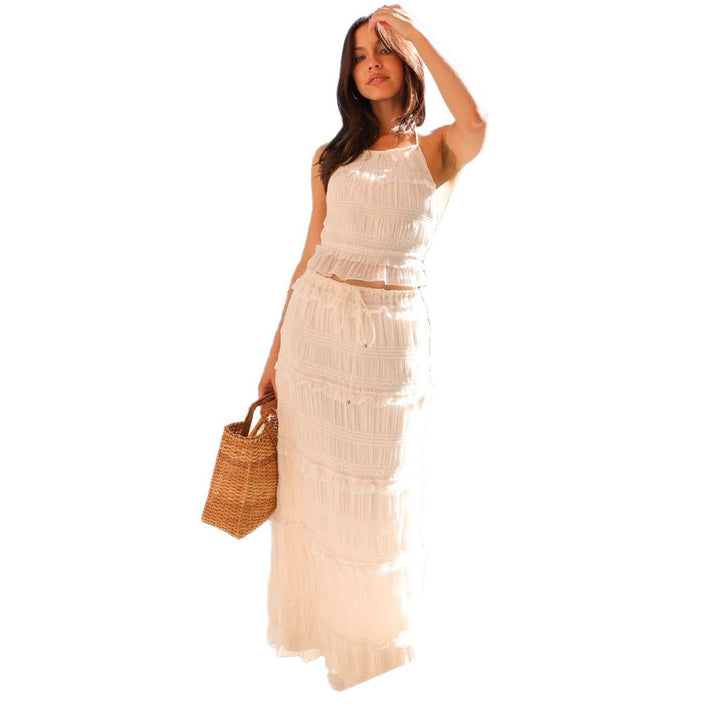 Women Two-Piece Set with Gathered Top and Maxi Skirt