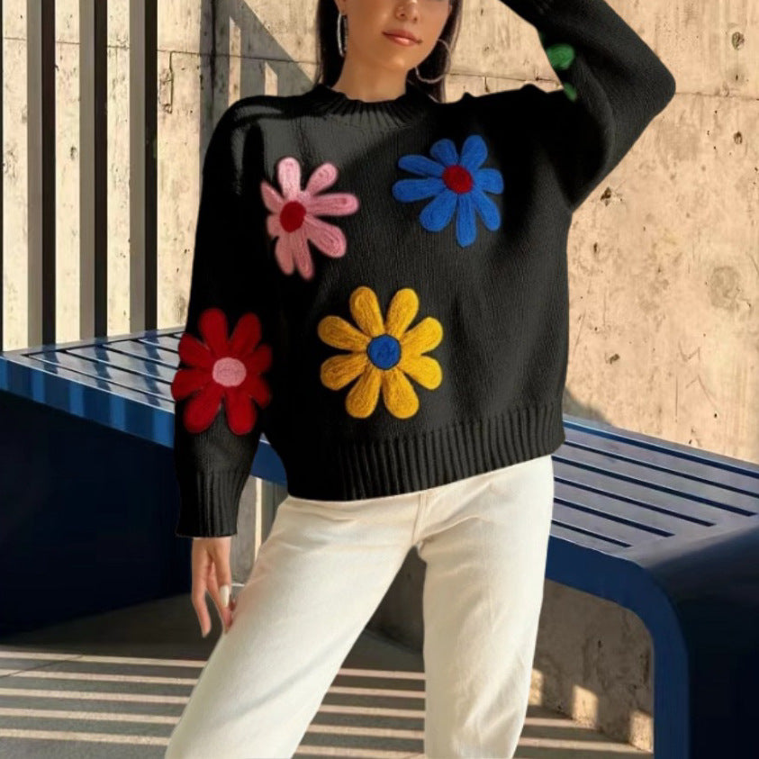Ladies nice sweater with floral appliqués Lune London