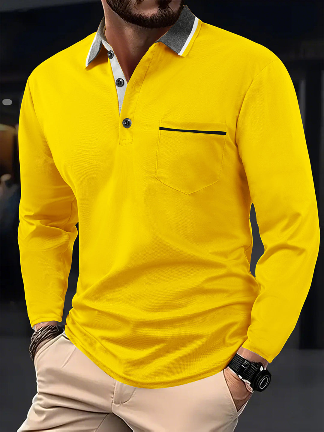 Men's long sleeve polo with textured collar and chest pocket Lune London