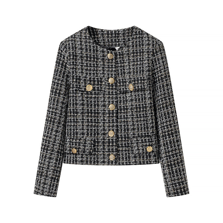Ladies elegant short jacket in a trendy tweed style with gold button details Lune London