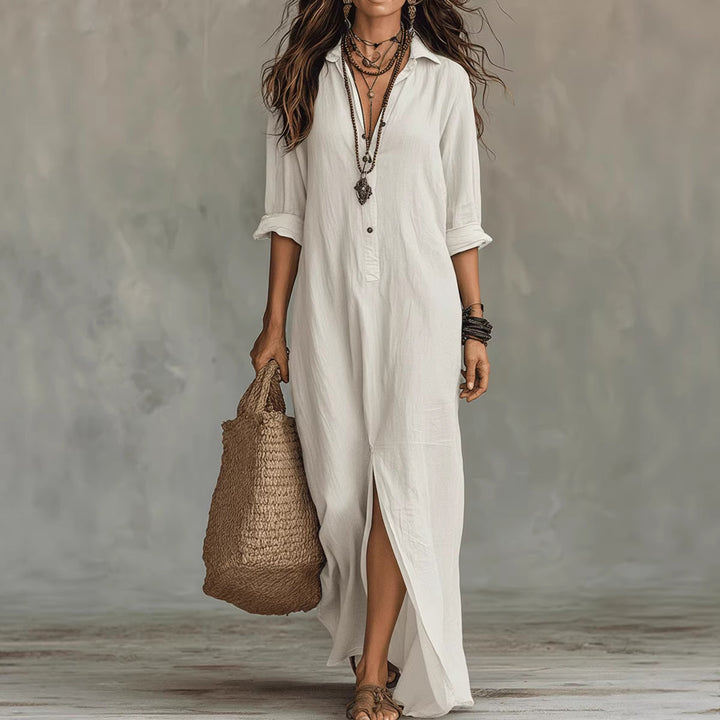 Women's Long Shirt Dress with Button Closure and Side Slit Lune London