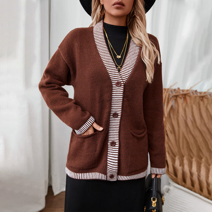 Women's knit jacket with modern stripe accents and Lune London pockets