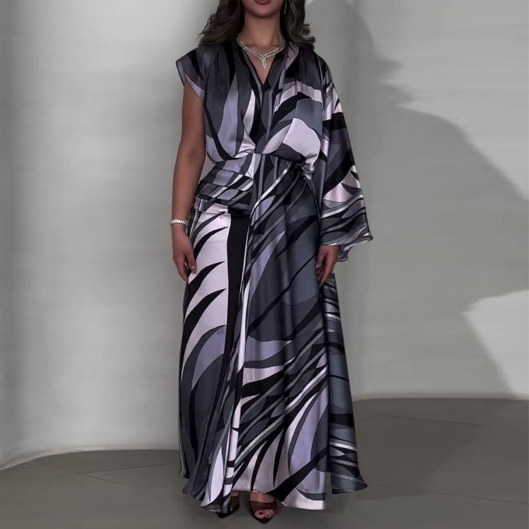 Women's maxi dress with innovative wrap design and flowing hem