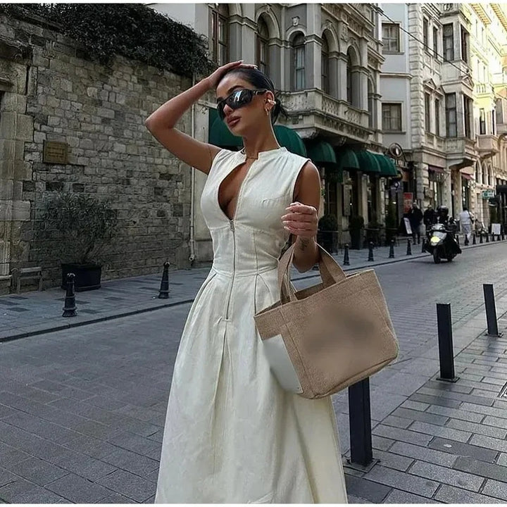 Women Elegant Casual Dress with a High Collar Design and Hidden Zipper Lune London