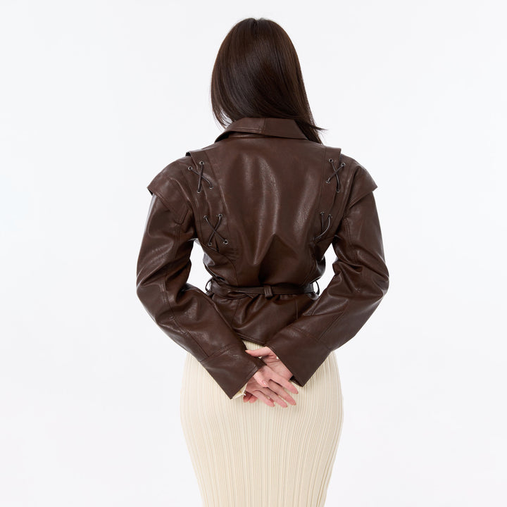 Elegant leather blazer for women with a fitted cut and unique tie belts Lune London