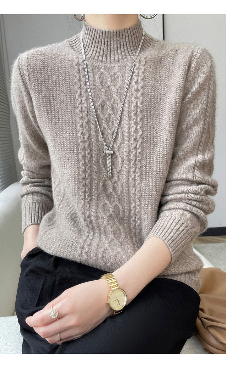 Womens knitted sweater with an elegant cable pattern and a high closed collar Lune London