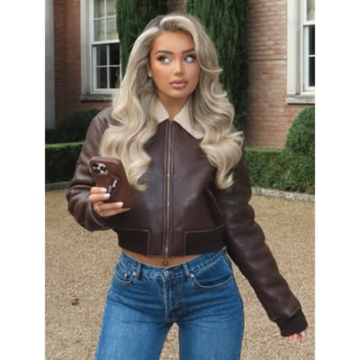 Cropped leather jacket for women with an elegant faux fur collar Lune London