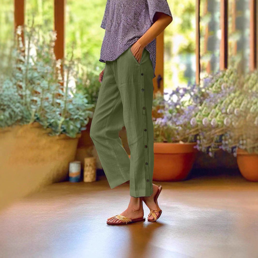 Women Lightweight and Breezy Summer Pants with Side Buttons Lune London