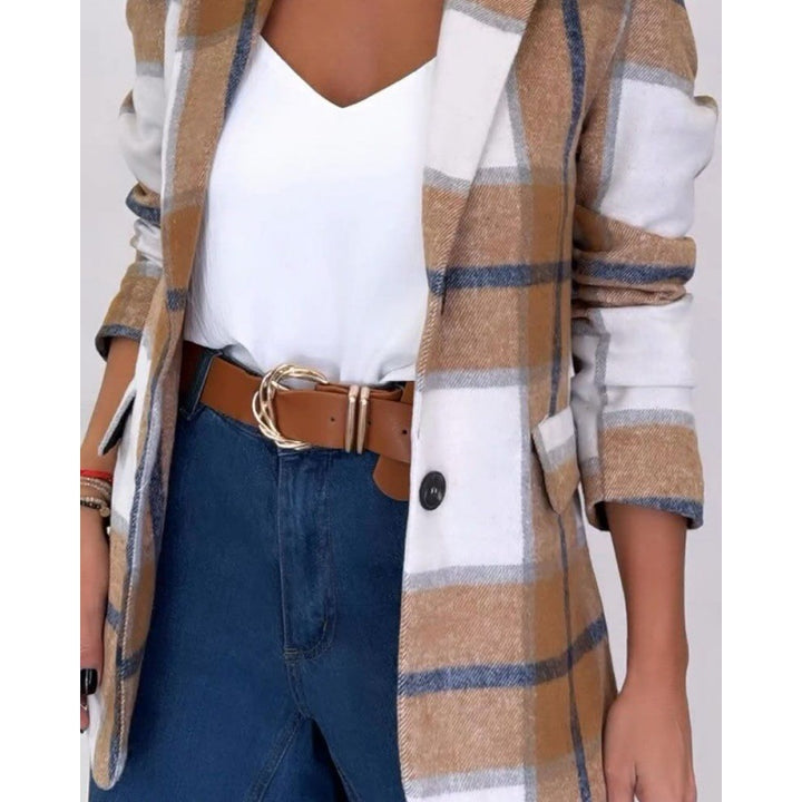 Blazer à carreaux pour femmes en mélange de laine de haute qualité avec des manches élastiques et des poches pratiques Chic & Stil