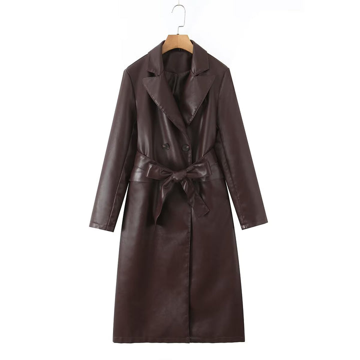Synthetic leather trench coat for women with a waist belt and stylish pocket seams Lune London